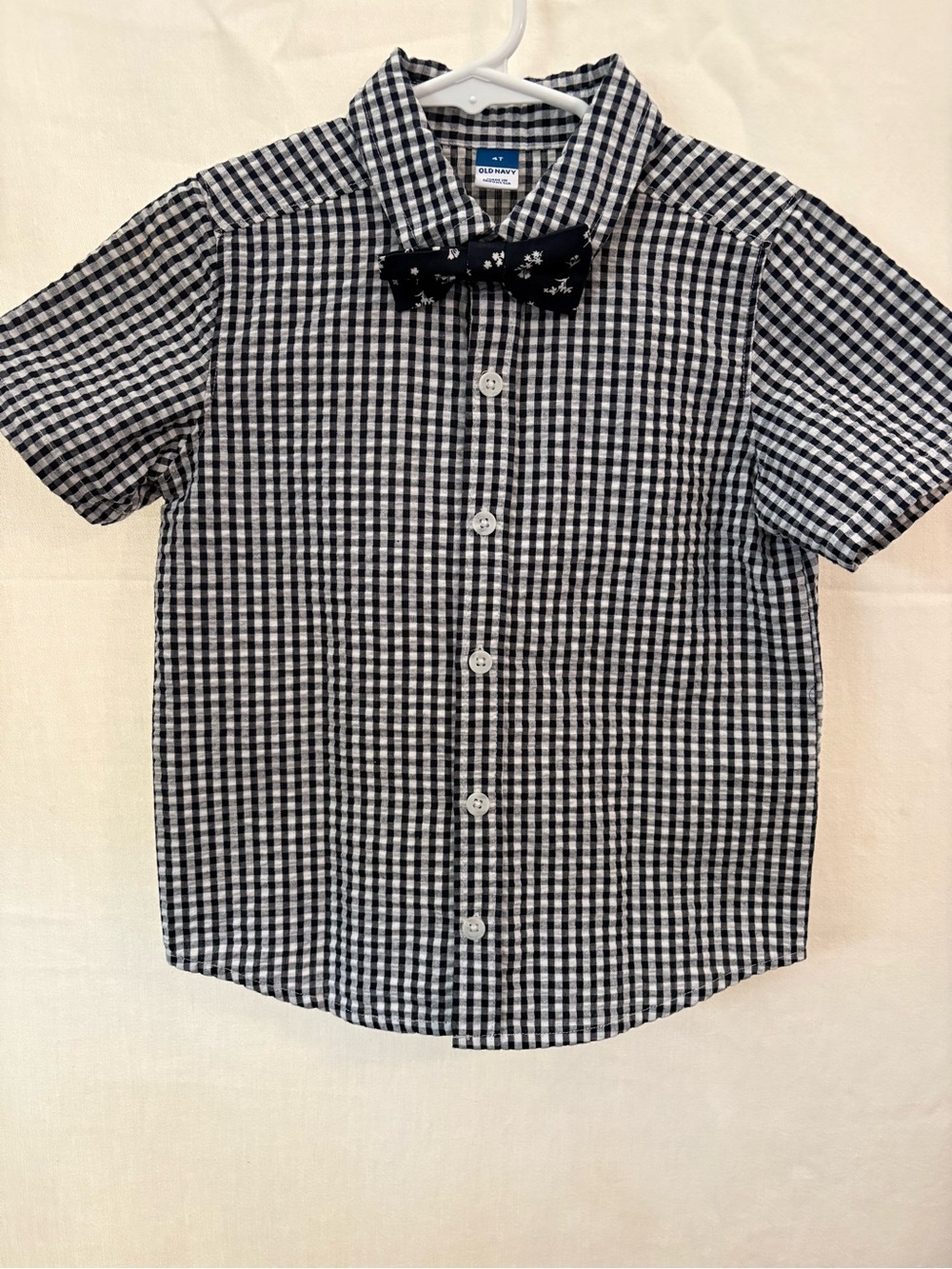 Old Navy Dark Blue and White Gingham Short-Sleeve Button-Down with Bow Tie